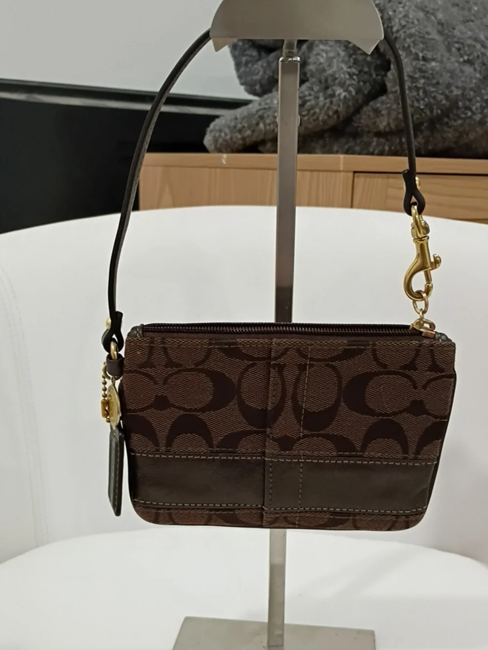 Coach Brown Signature Jacquard Wristlet with Legacy Lining And Gold Accents